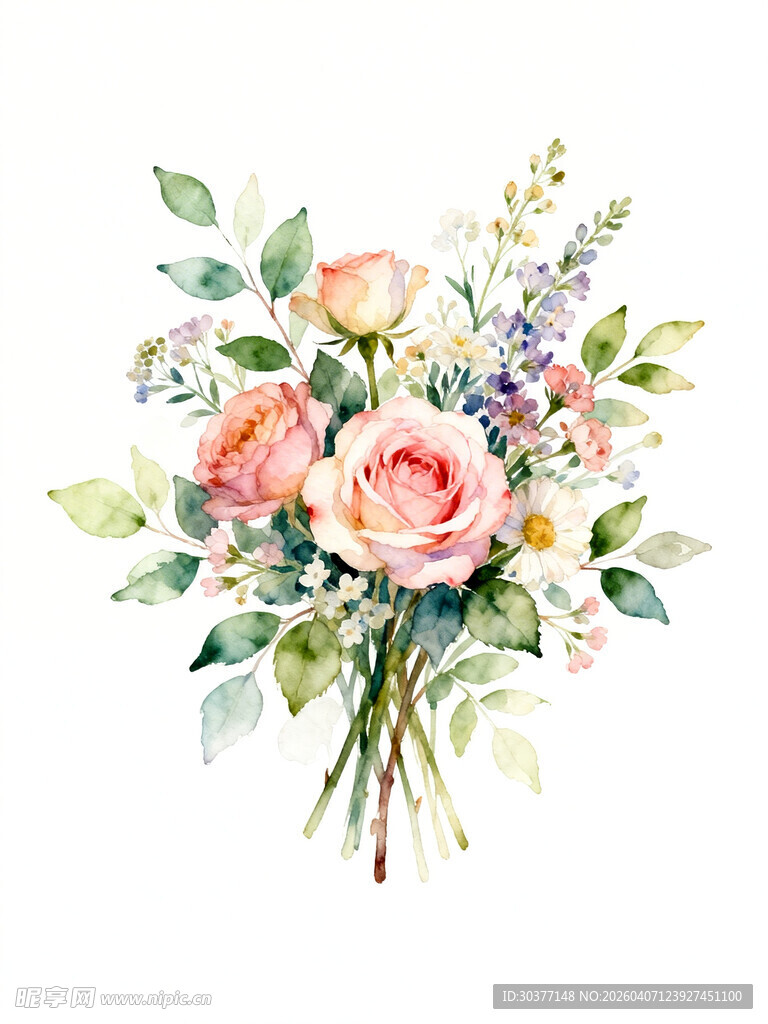 水彩绘就的浪漫花卉组合