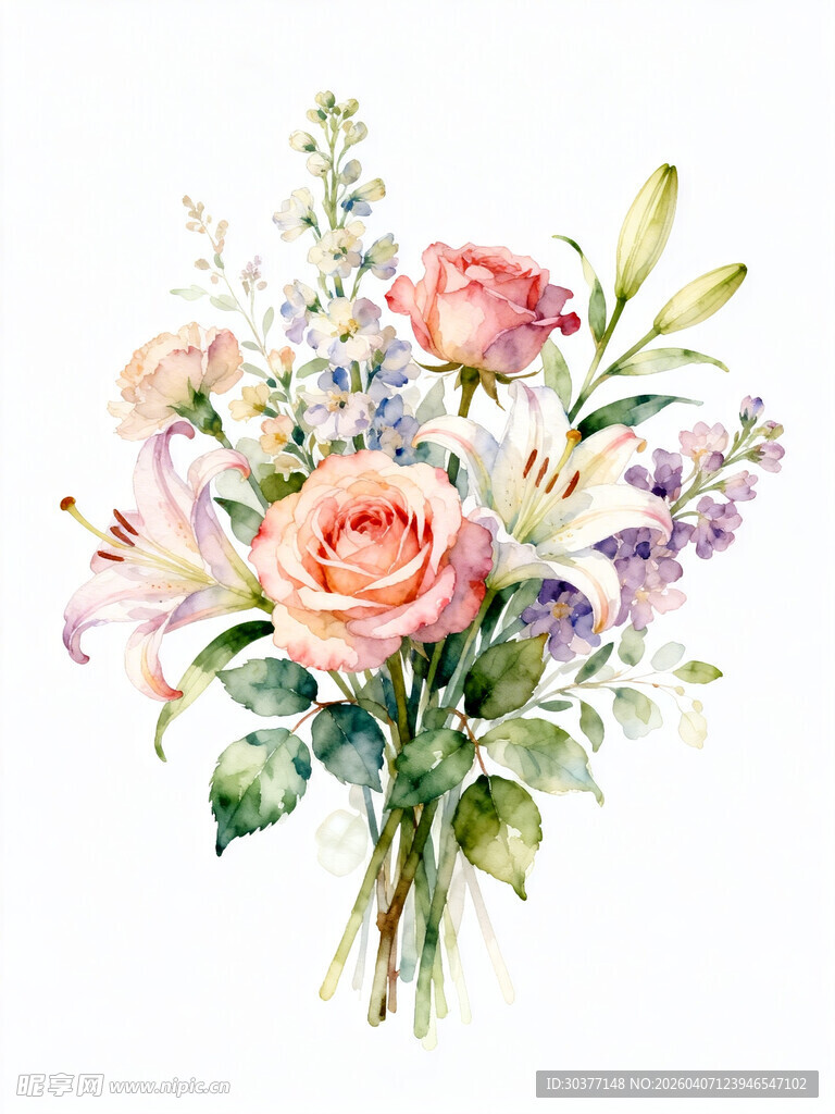 水彩绘就的缤纷花卉束