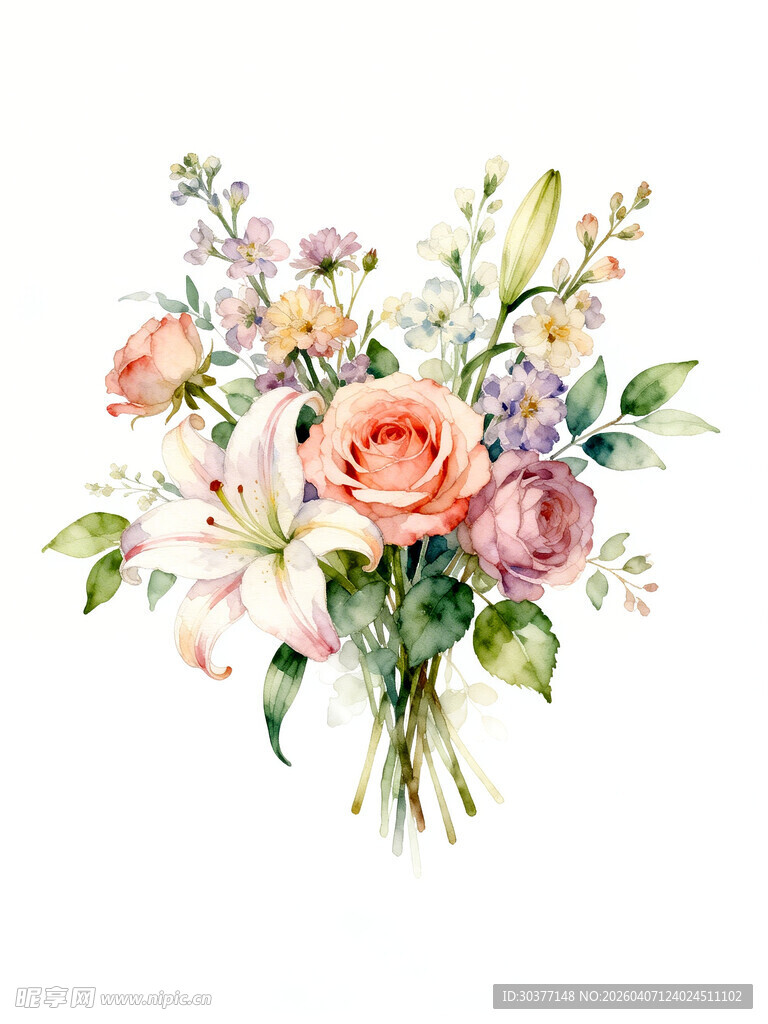 水彩手绘花束缤纷花卉图