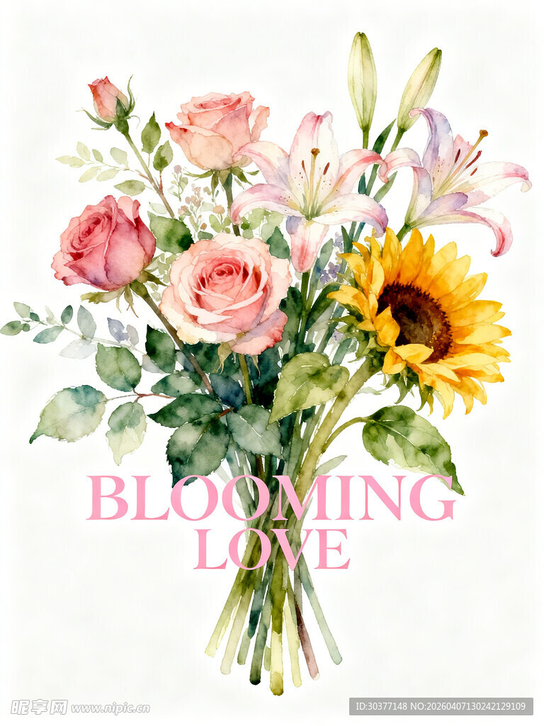 水彩绘多彩花卉组合