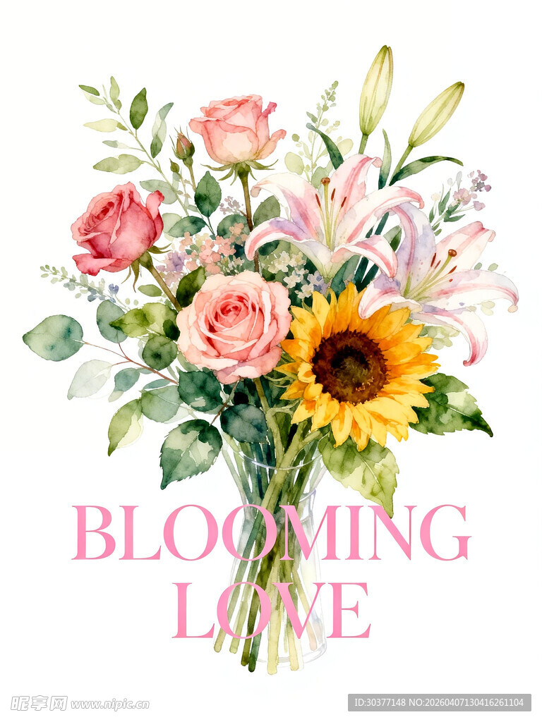 水彩绘多彩花卉组合