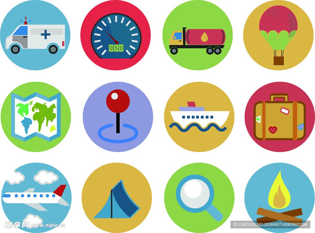 多彩旅行与露营图标集合