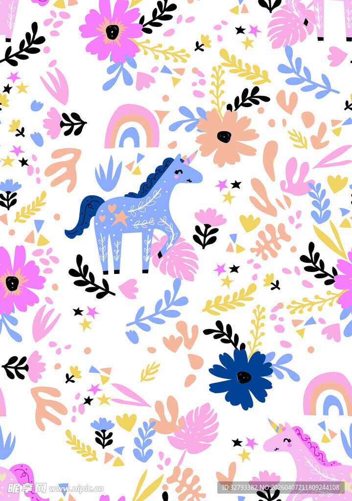 梦幻花卉动物童趣插画