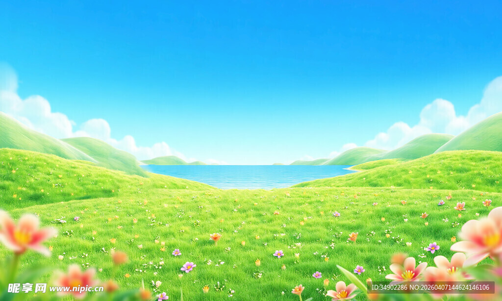 蓝天白云草地花海