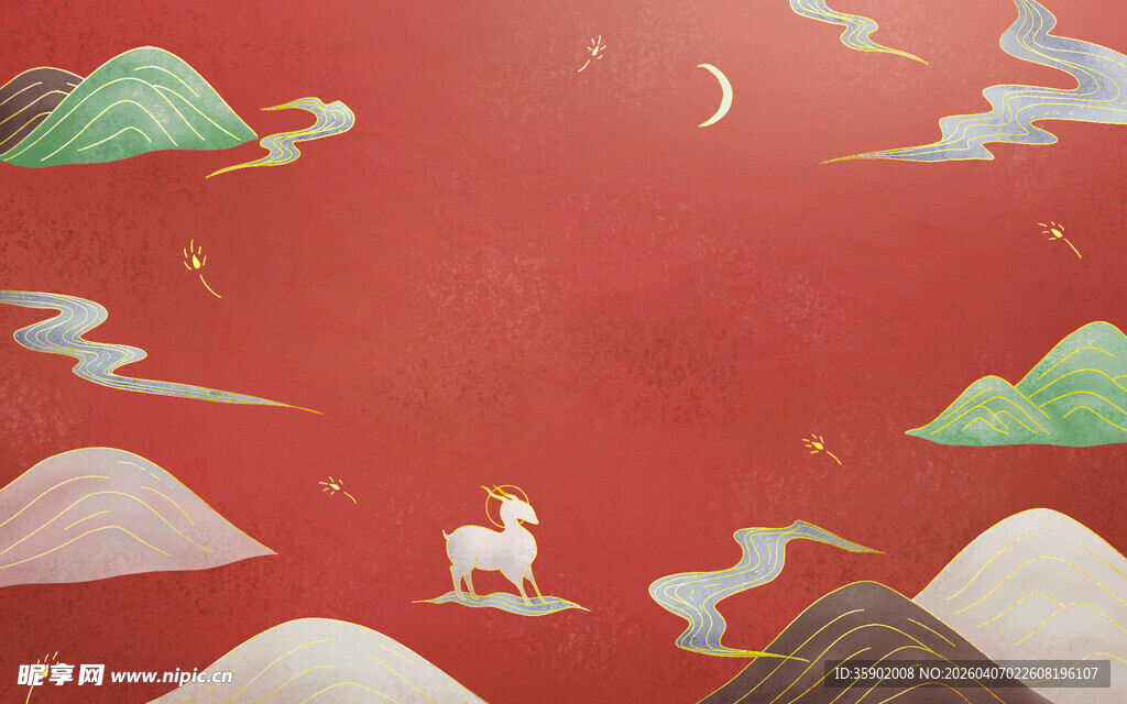 中式古风山水白兔月夜图