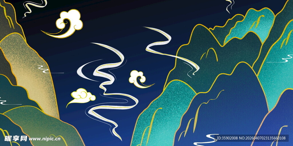 梦幻山水间的蜿蜒云纹