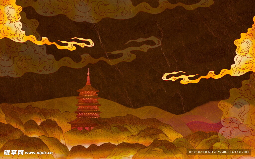 古风山水云雾中的建筑