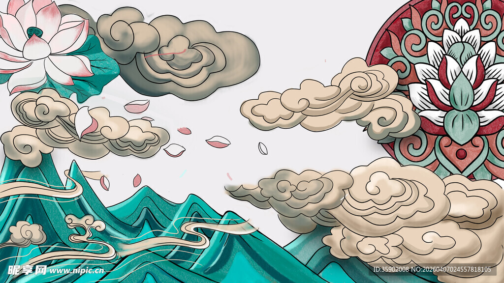 中式山水云纹国风插画