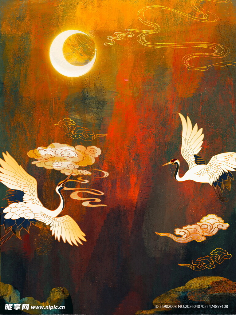 夕阳下双鹤翱翔美景