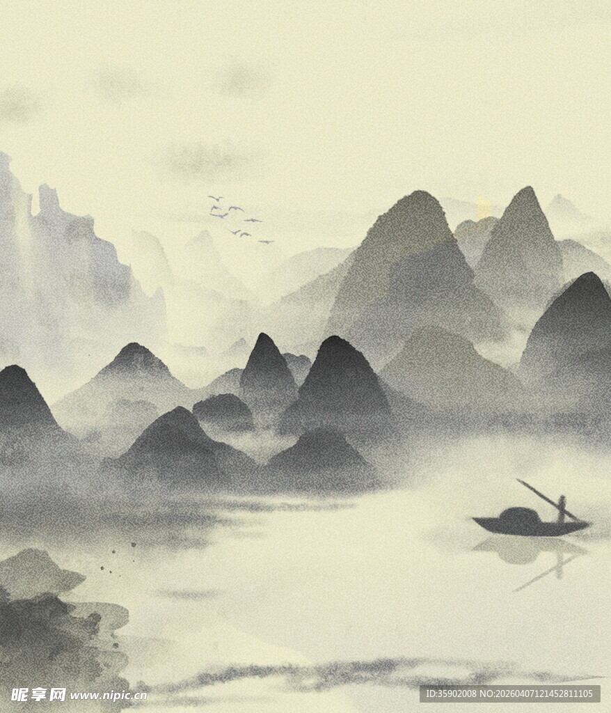 水墨山水间的孤舟意境