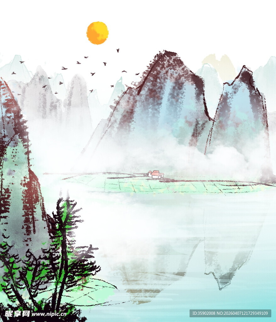 水墨山水日出美景图