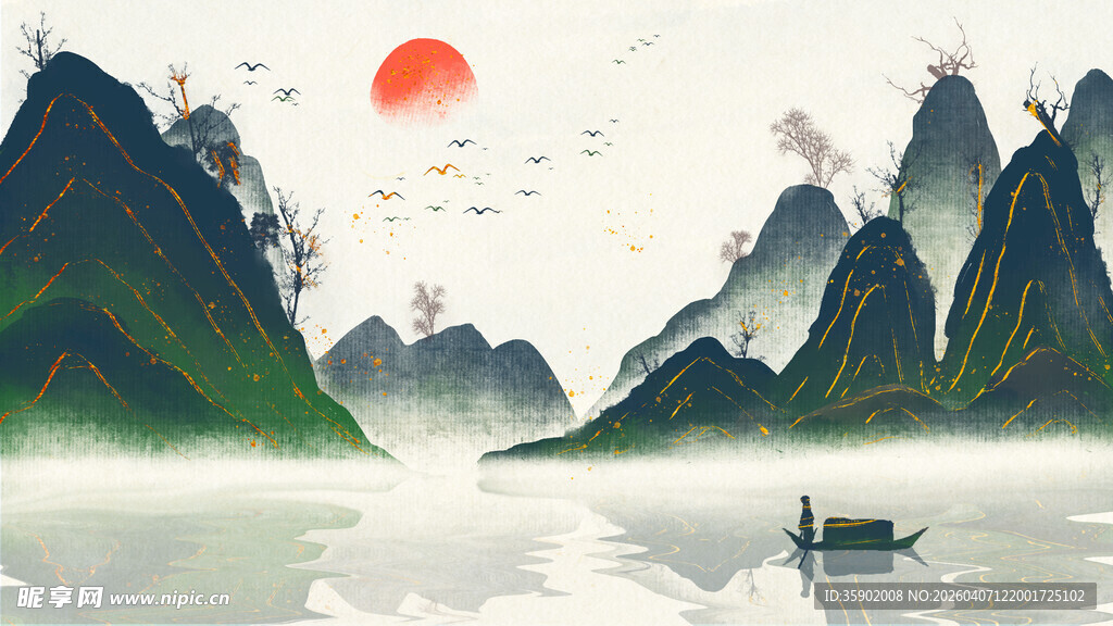 江上孤舟赏山水红日景