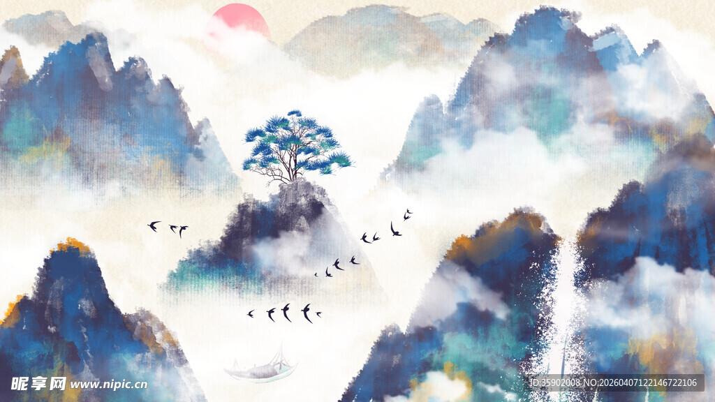 水墨山水间的孤树飞鸟