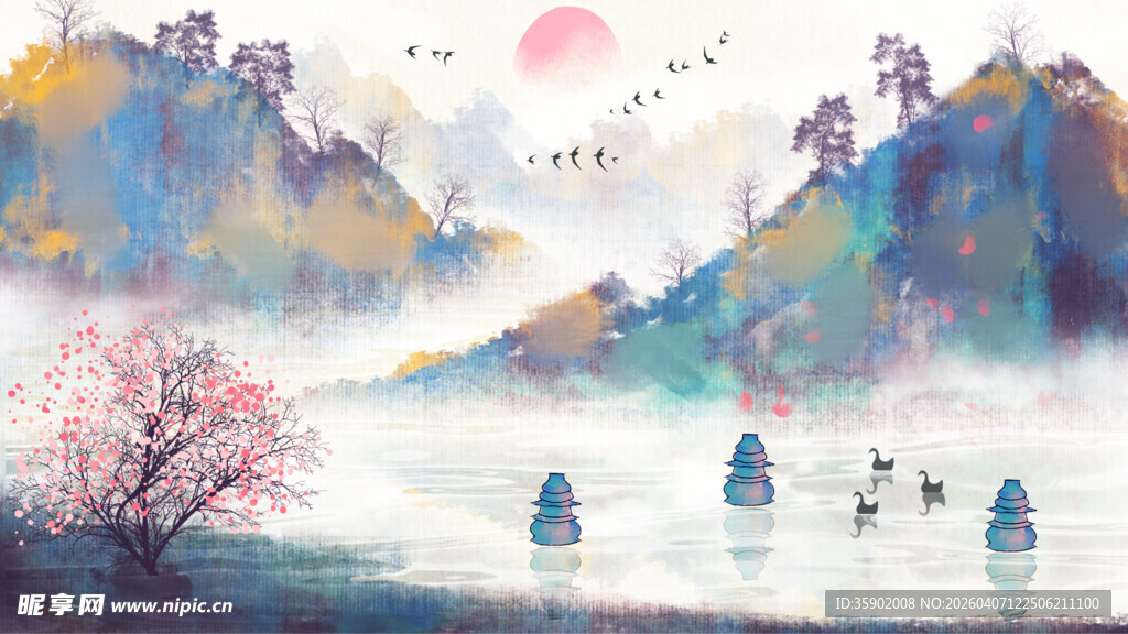 水墨山水间的诗意泛舟景