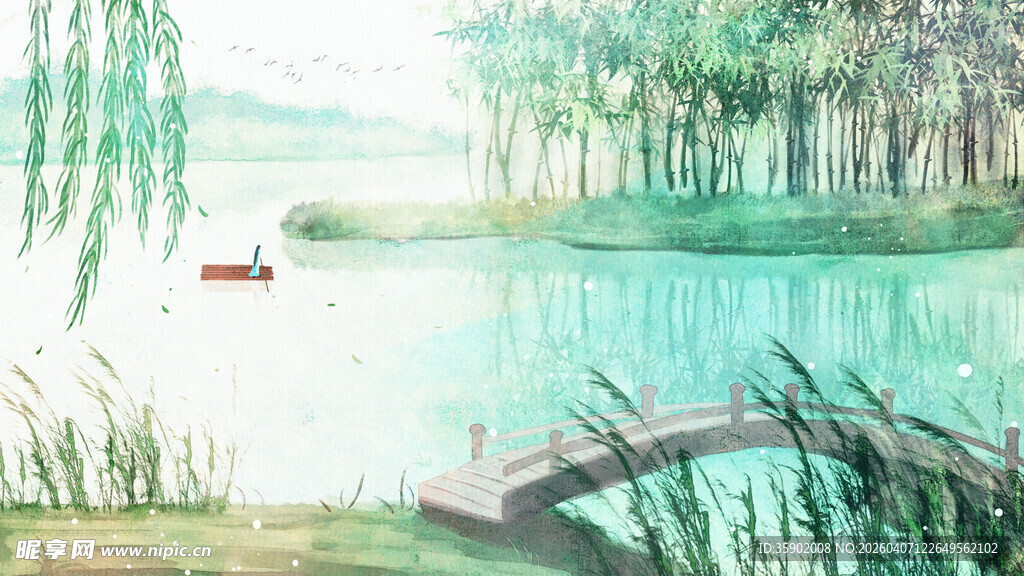 湖畔小船静谧水乡景致