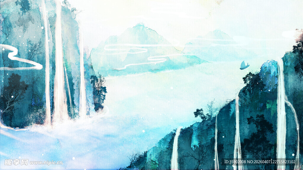 水墨山水间的壮丽瀑布景观