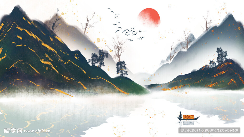 水墨山水间的孤舟意境