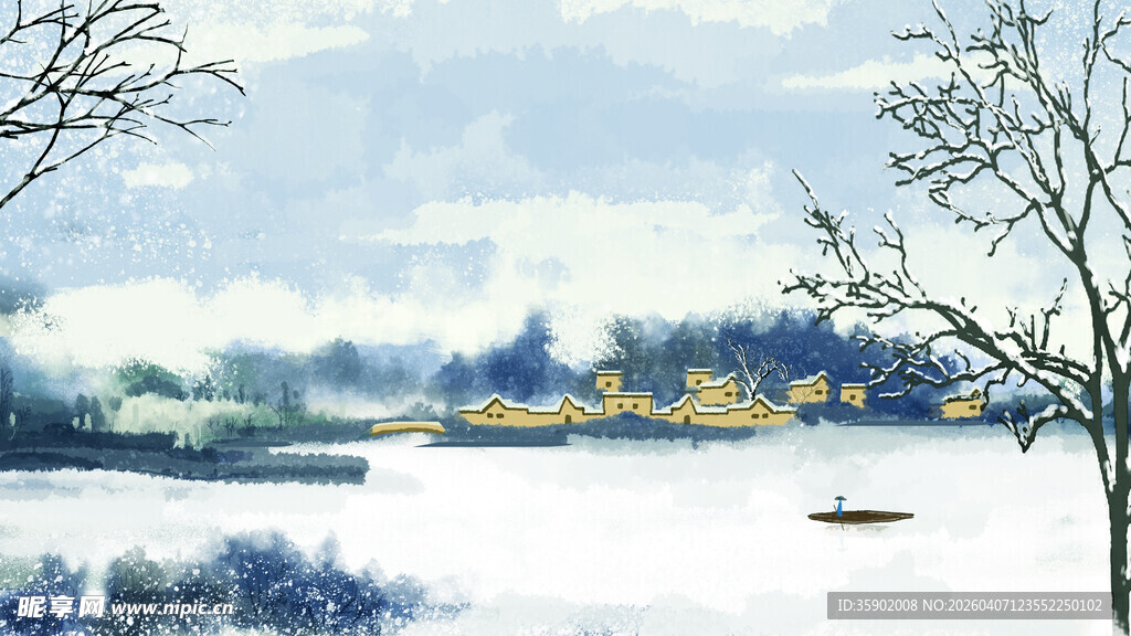 冬日湖畔雪景孤舟静泊