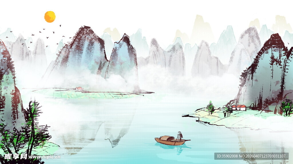 水墨山水间的悠然泛舟景