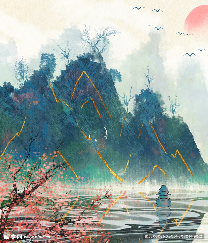 水墨山水间的悠然泛舟景