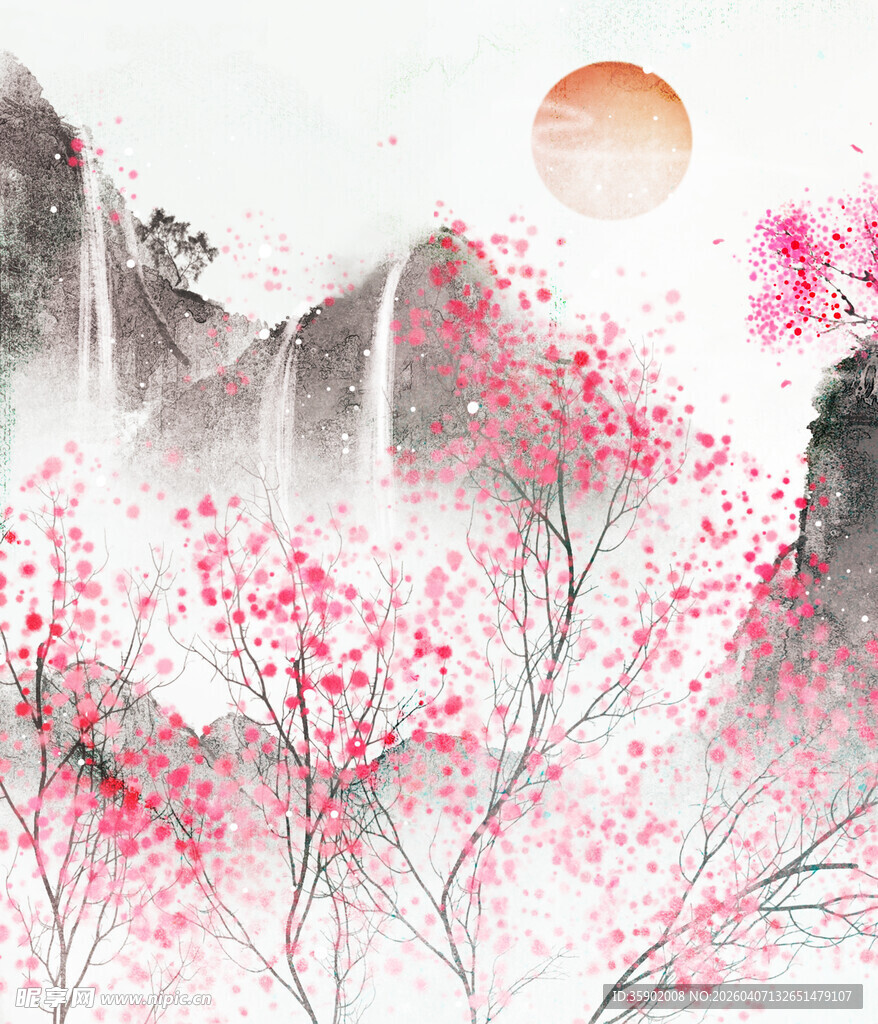 水墨山水间的烂漫花枝