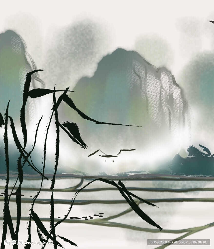 水墨山水间的萧萧芦苇