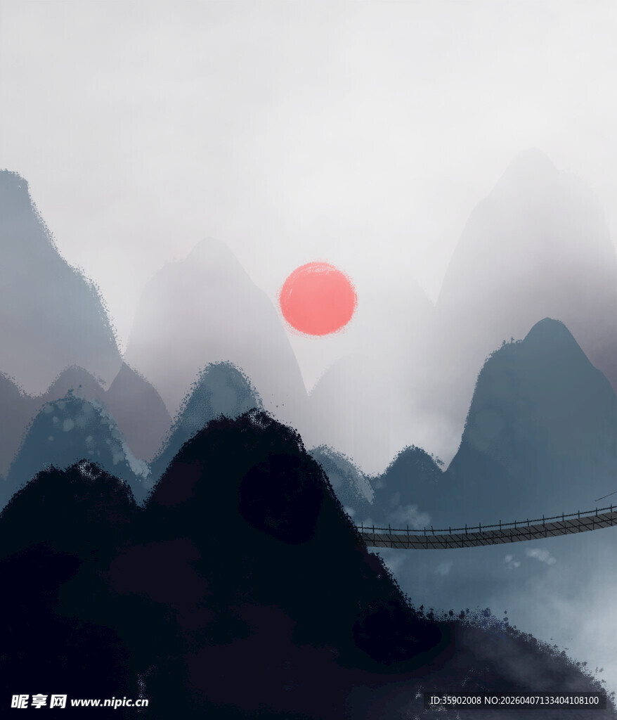 山间红日悬云雾绕峰峦
