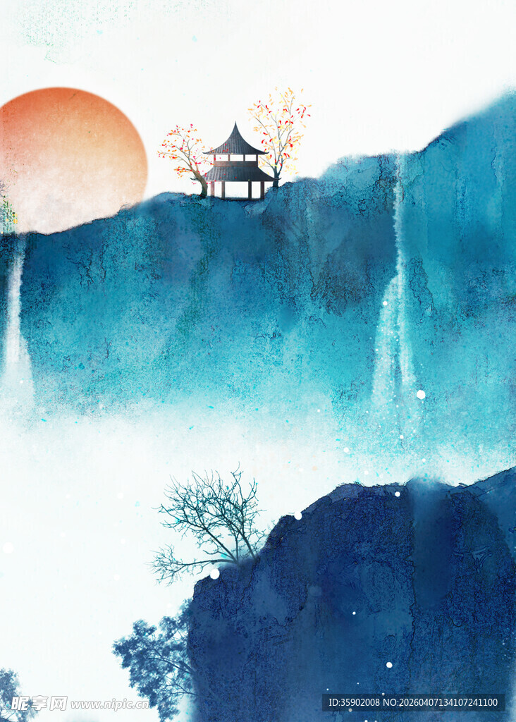 水墨山水间的落日亭景