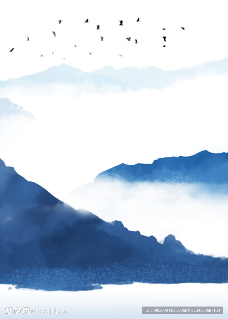 水墨山水间飞鸟图