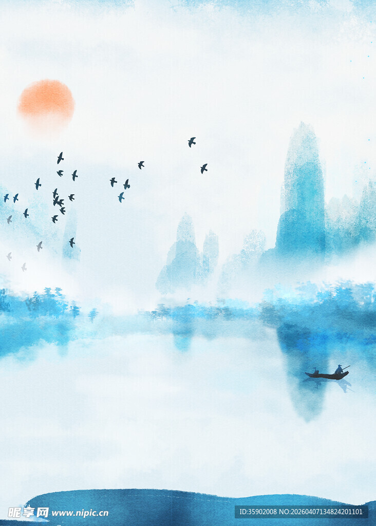 水墨山水间飞鸟伴日景