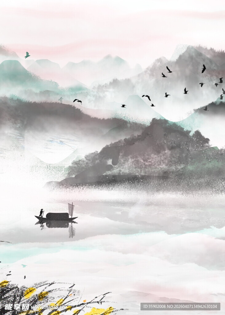 水墨山水间的孤舟意境