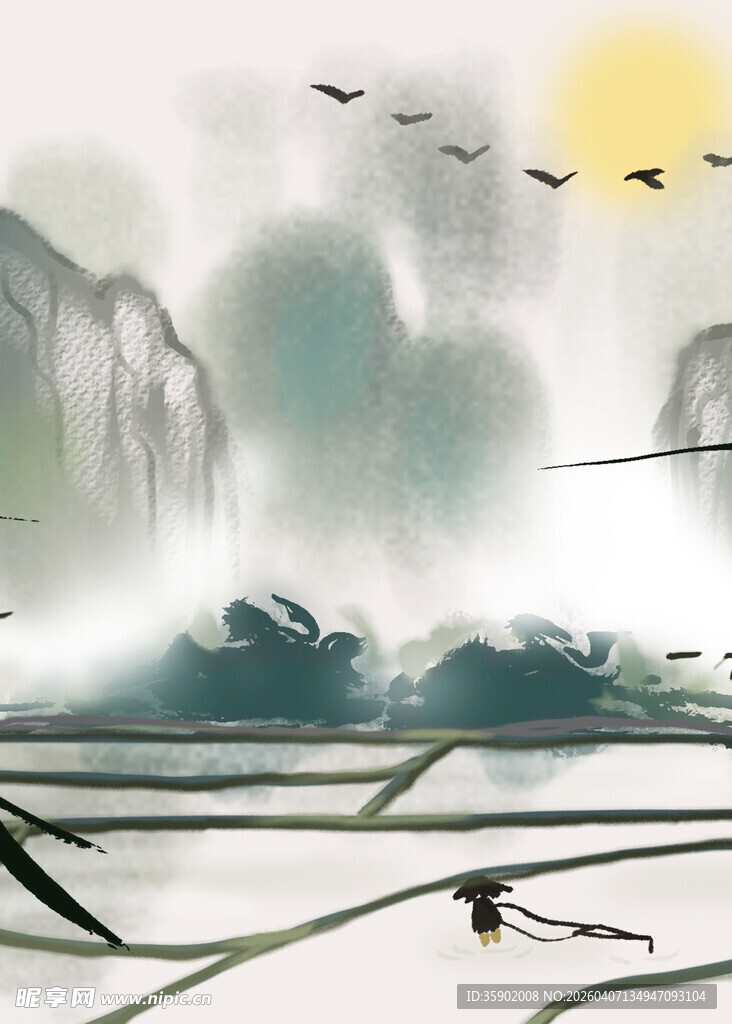 水墨山水间飞鸟伴日图