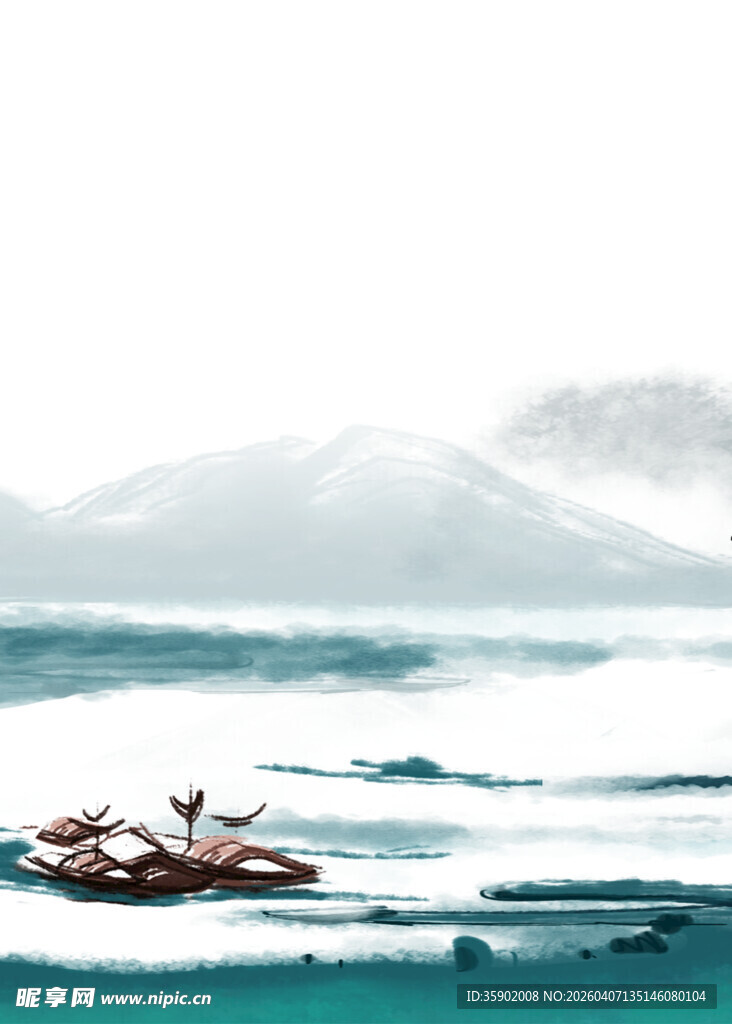 孤舟泛于波涛山水间