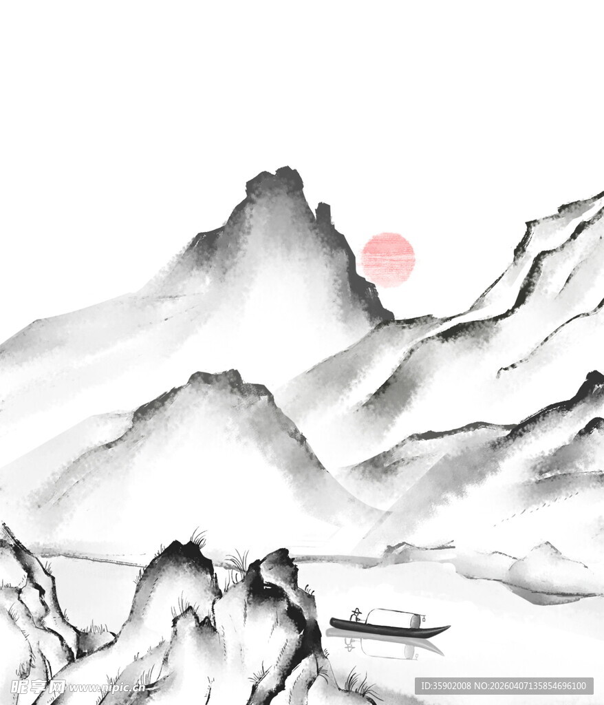 水墨山水间的落日美景