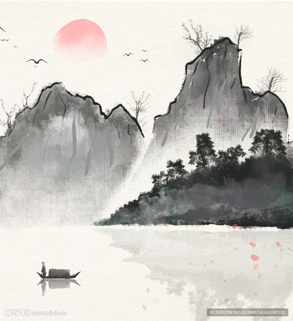 水墨山水间的孤舟落日