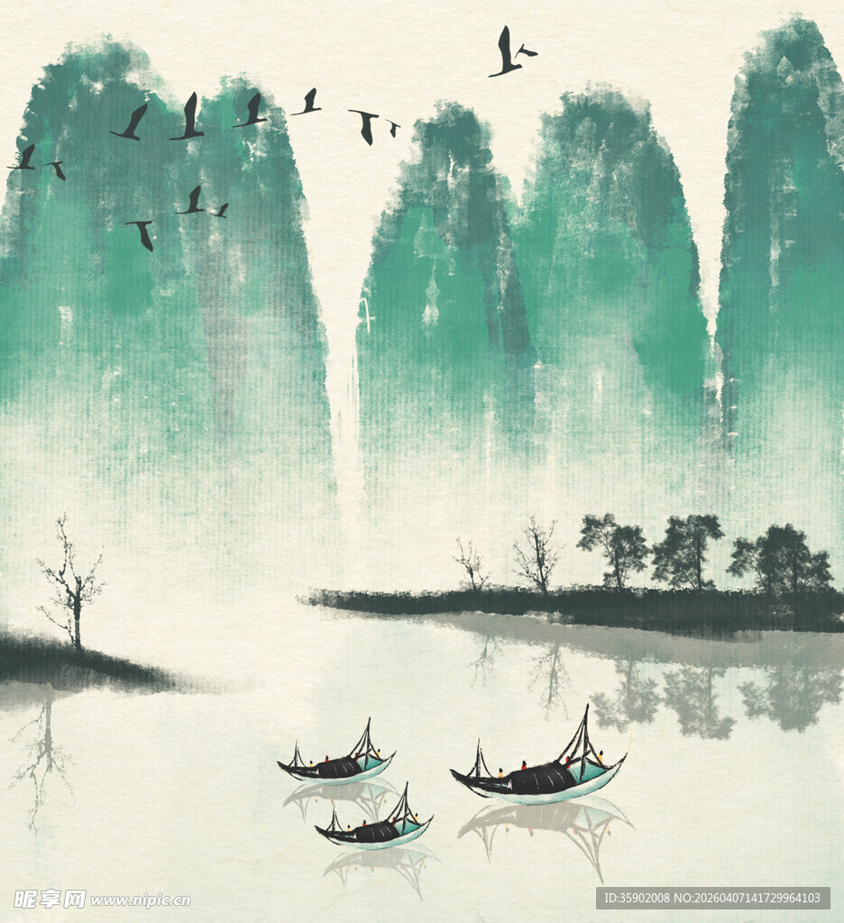 水墨山水间的悠然泛舟景