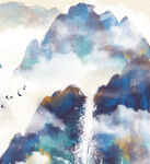 水墨云雾间群峰飞鸟图