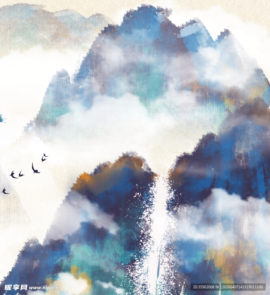 水墨云雾间群峰飞鸟图