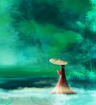 红衣女子撑伞漫步于竹林