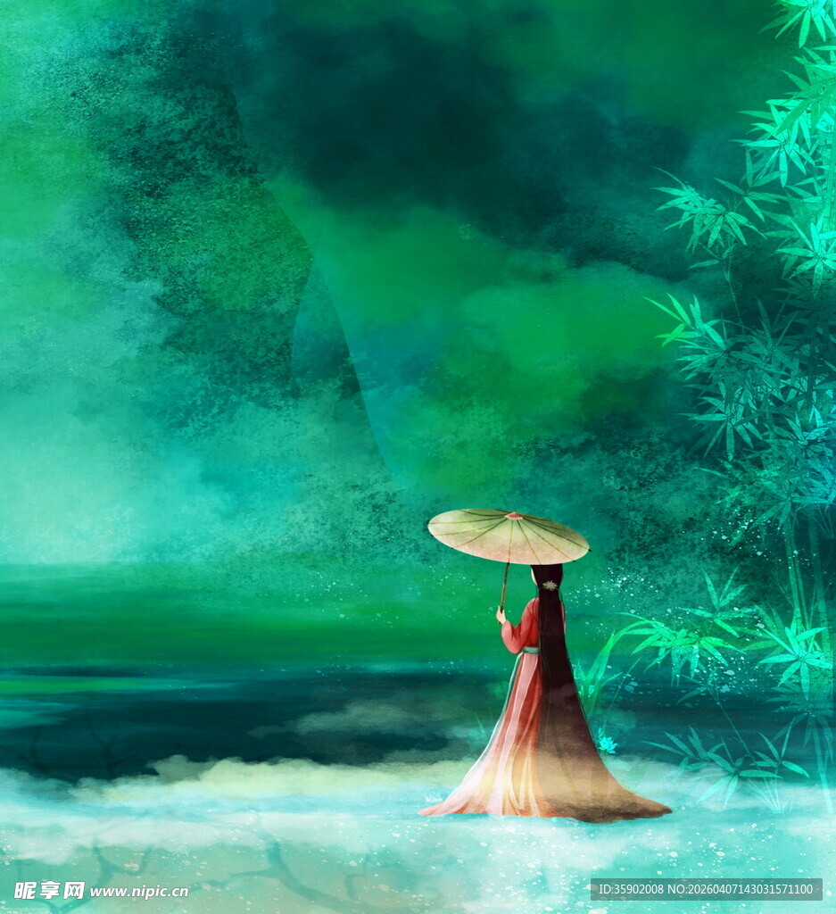 红衣女子撑伞漫步于竹林
