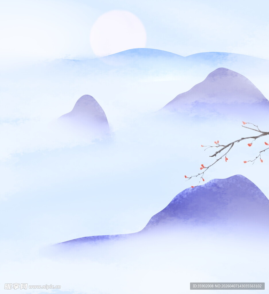 水墨山水间的月夜花枝