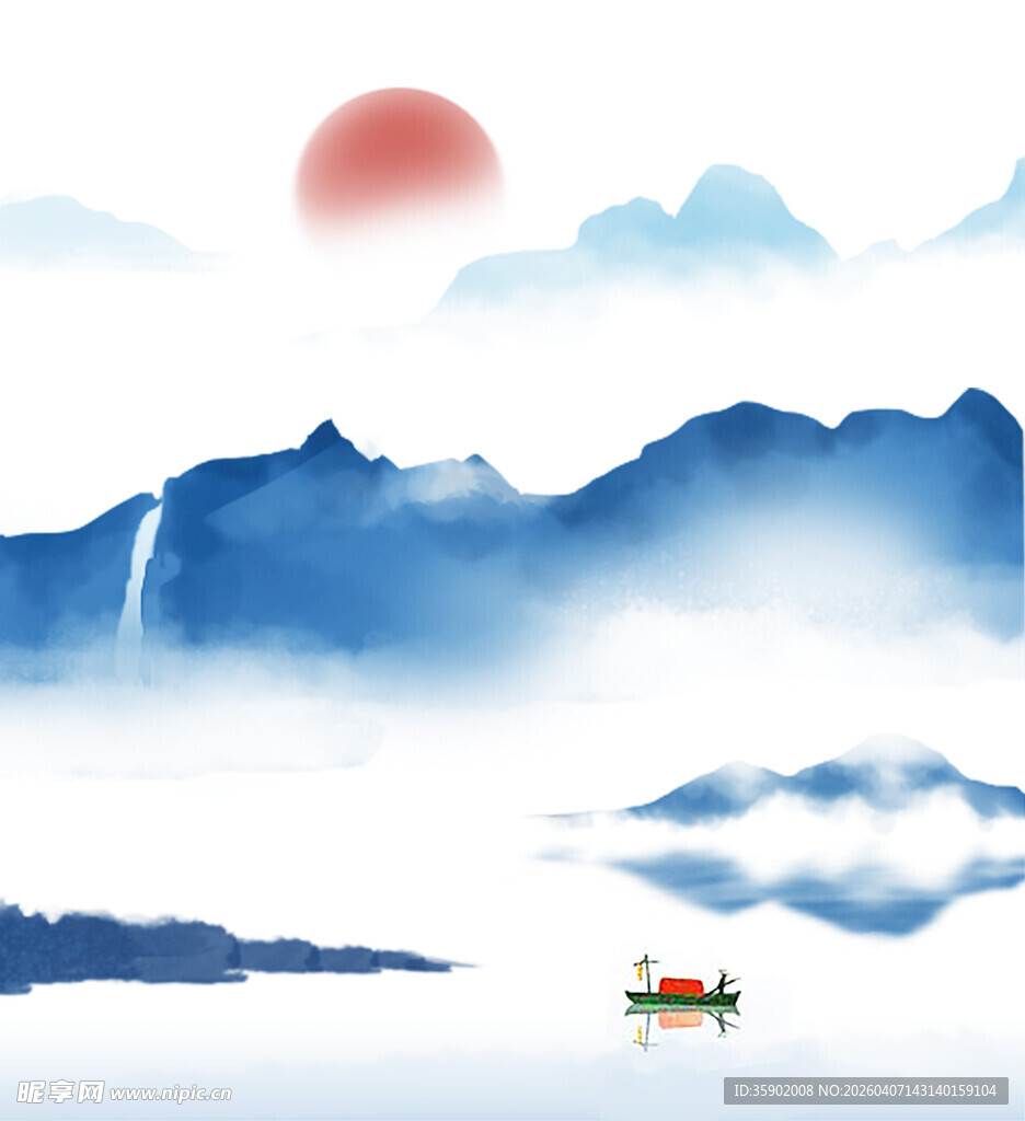 山水红日泛舟图