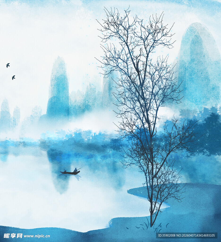 水墨山水孤树泛舟图