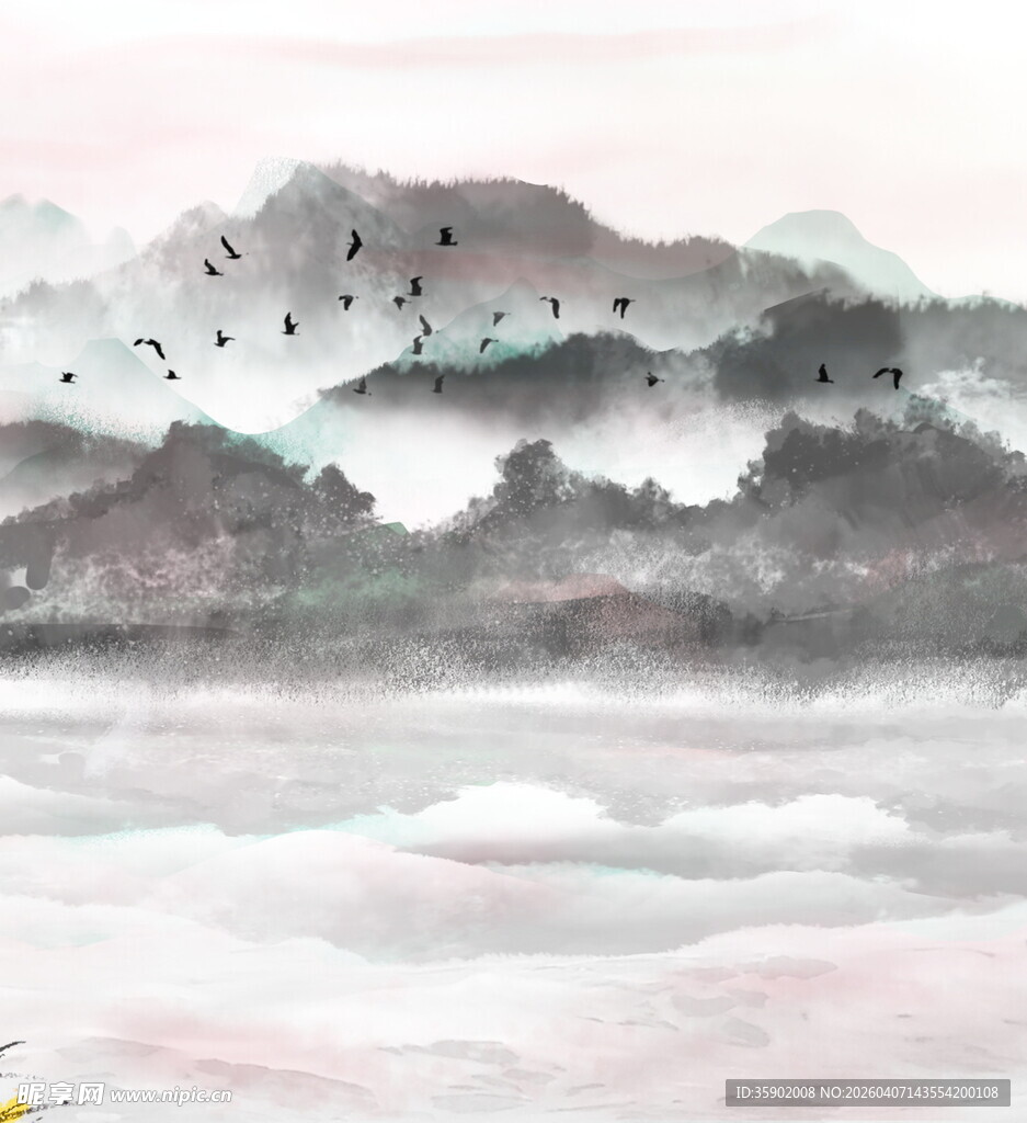 水墨山水间飞鸟景致