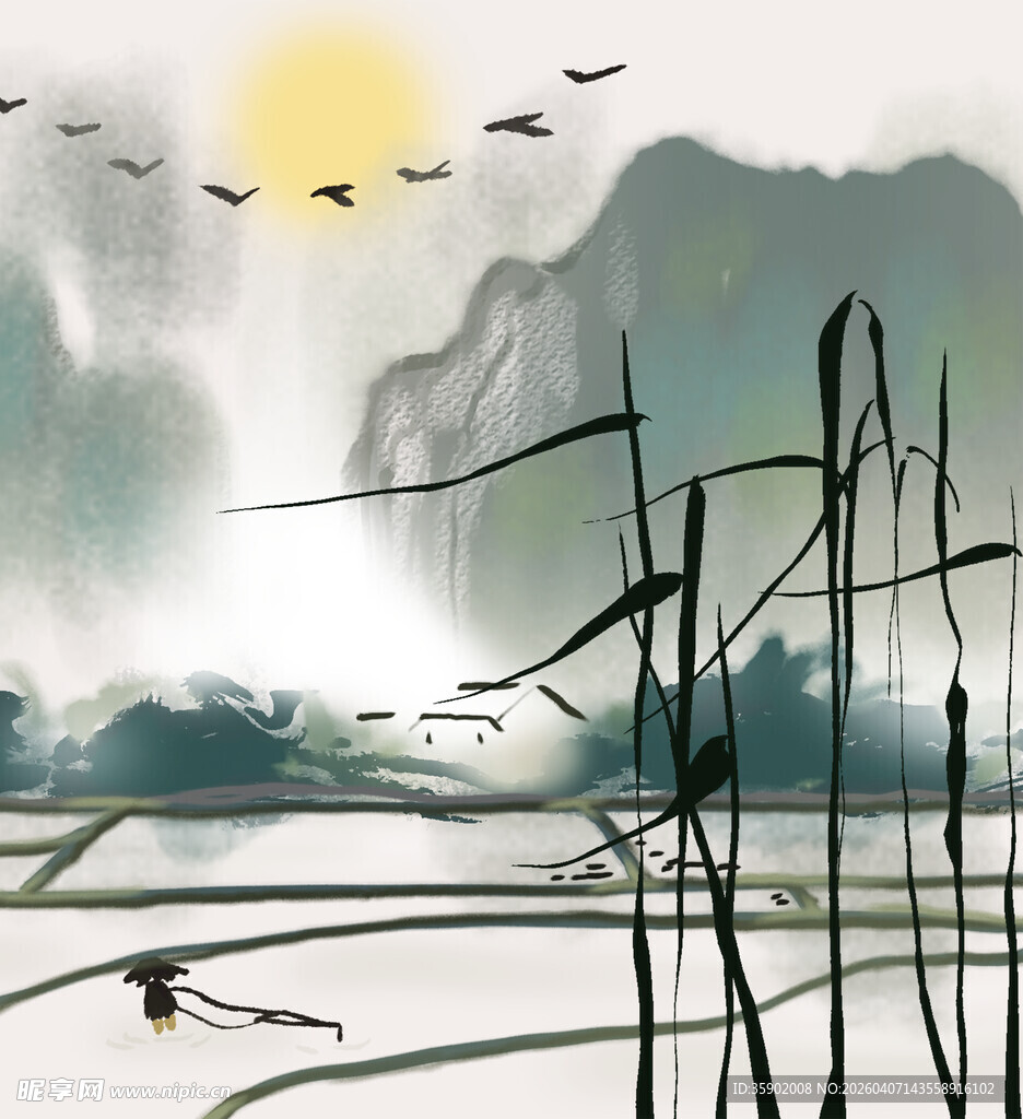 水墨山水间飞鸟落日图景