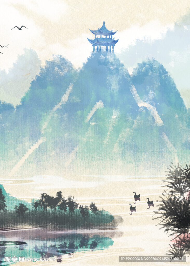 水墨山水间的古韵楼阁