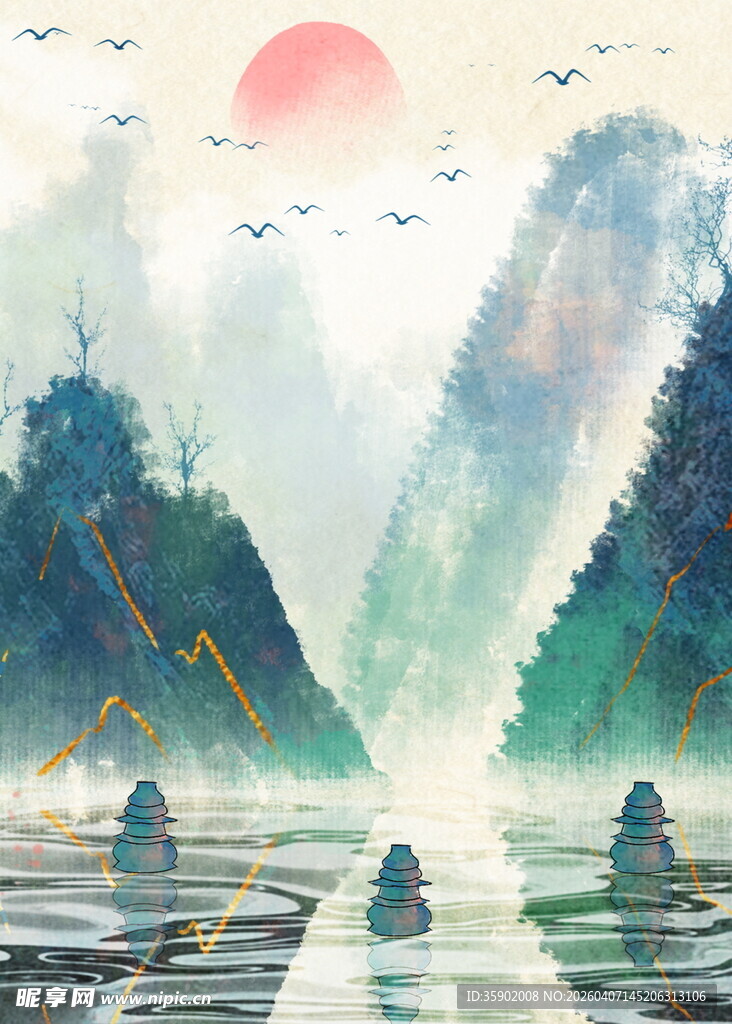 山水泛舟图红日映山川