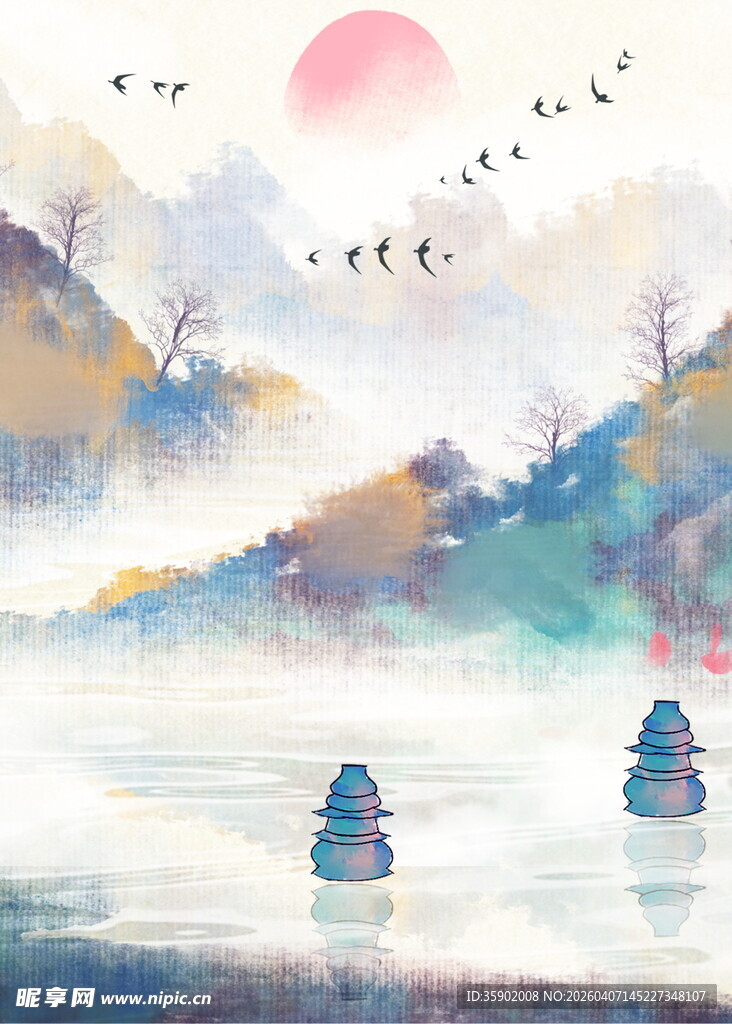 水墨山水间的日出飞鸟景