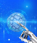 机械手指触碰蓝色科技球体