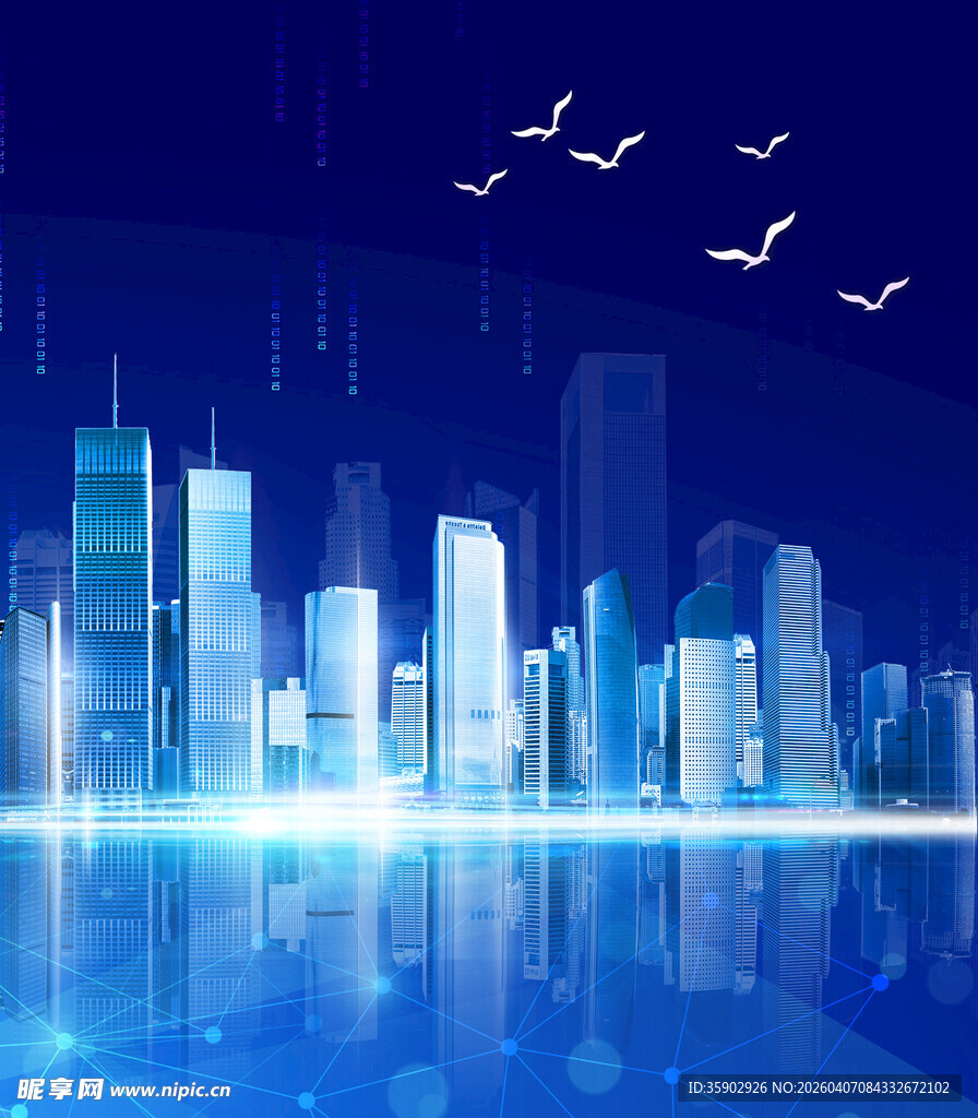 夜幕下的城市与飞翔的飞鸟